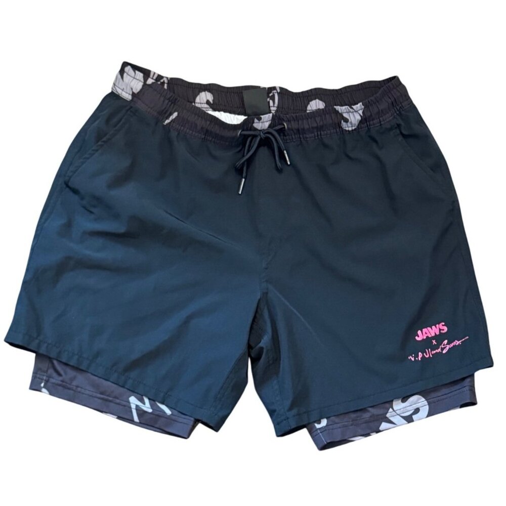 Maui Jaws Swim Shorts Mens XL Black Multicolor Stretch Elastic Waist Adjustable